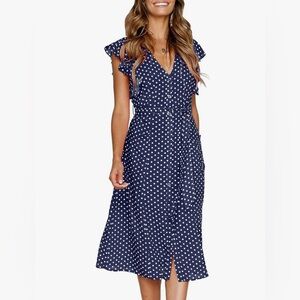 Blue dress with white polk dots, size Small. Comes with belt of same material.